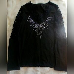 Elegant Black Long Sleeve Top with Rhinestone Design